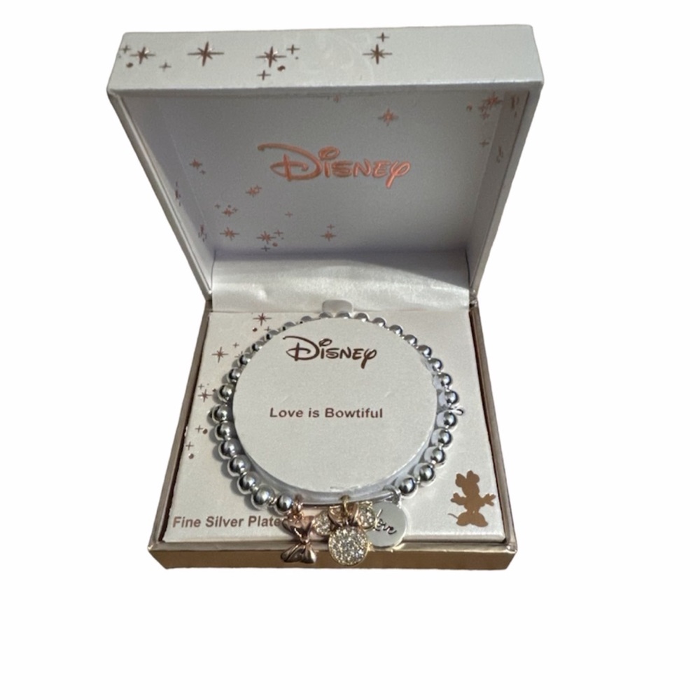 Disney Fine Silver Plated Tri-tone Stretchy Bead Bracelet W/Charms NIB